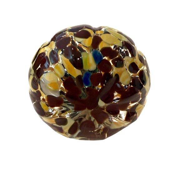 Hand Blown Art Glass Pumpkin Gourd Brown Beige Green Stem Autumn Decor Signed 5" - Picture 5 of 7